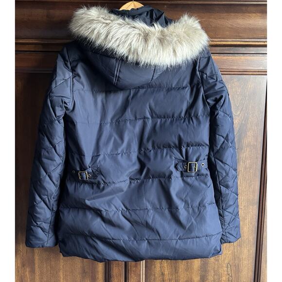 Lauren Ralph Lauren S Down Coat Jacket Navy Puffer Toggles Faux Fur Hood - Picture 2 of 9